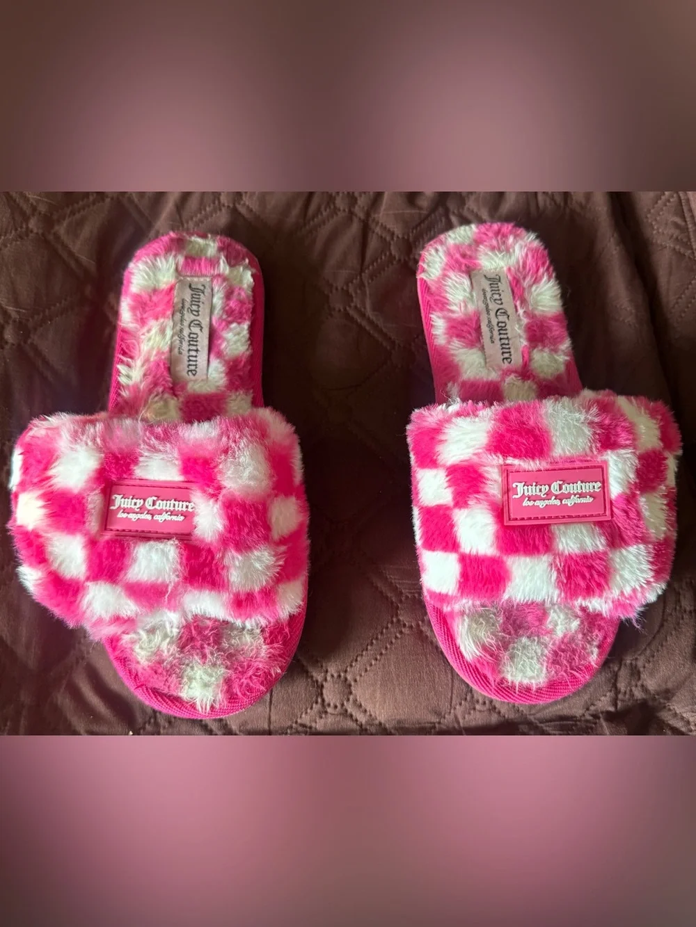 Juicy Couture Pink & White Check Fuzzy Slide Slippers